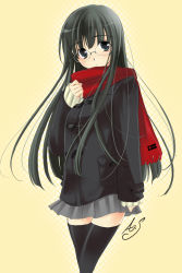 Rule 34 | 1girl, black eyes, black hair, black thighhighs, glasses, hime cut, jacket, long hair, miniskirt, red scarf, sasaki akane, scarf, signature, simple background, skirt, solo, source request, thighhighs