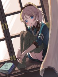 Rule 34 | 1girl, argyle, argyle clothes, argyle legwear, ayase eli, black bow, black skirt, blonde hair, blue eyes, blue necktie, blue shirt, blush, book, bow, character name, curtains, dutch angle, fuyuzima, hair bow, happy birthday, hugging own legs, indoors, knees up, looking at viewer, love live!, love live! school idol festival, love live! school idol project, necktie, no shoes, parted lips, pleated skirt, ponytail, shirt, sitting in window, skirt, smile, solo, thighhighs, twitter username, window