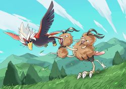 Rule 34 | absurdres, braviary, brown fur, closed mouth, commentary request, creatures (company), day, dodrio, flying, from below, game freak, gen 1 pokemon, gen 5 pokemon, grass, highres, hill, falling leaves, nintendo, open mouth, outdoors, pokemon, pokemon (creature), q-chan, sky, standing, tongue, tree