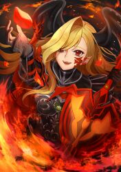 Rule 34 | 1girl, absurdres, armor, armored bodysuit, black armor, black bodysuit, black gloves, black horns, blonde hair, bodysuit, breasts, cape, dragon horns, facial mark, fate/grand order, fate (series), flaming sword, flaming weapon, fur-trimmed cape, fur trim, gloves, hair over one eye, highres, horns, large breasts, long hair, long horns, nero claudius (fate), nero claudius (fate) (all), pointy ears, queen draco (fate), queen draco (third ascension) (fate), red eyes, red scales, shoulder plates, smile, solo, user wweg7884, wavy hair