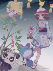 Rule 34 | 1girl, 343rone, absurdres, brown eyes, brown hair, closed mouth, commentary request, creatures (company), detached sleeves, eyelashes, floral print, game freak, gen 2 pokemon, gen 3 pokemon, gen 6 pokemon, green kimono, hat, highres, holding, japanese clothes, jirachi, kimono, legendary pokemon, lyra (pokemon), lyra (summer 2020) (pokemon), marill, motion blur, mythical pokemon, night, nintendo, official alternate costume, outdoors, pancham, pokemon, pokemon (creature), pokemon masters ex, pouch, sandals, sash, sky, socks, standing, star (sky), star (symbol), starry sky, twintails, twitter username, watermark, white headwear, white socks, yukata, zouri