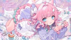 Rule 34 | 1girl, ahoge, animal ear fluff, animal ears, apron, blue eyes, braid, cat ears, commentary, commission, copyright request, cup, cupcake, dress, english commentary, eyeshadow, food, makeup, medium hair, pink hair, purple dress, red eyeshadow, saku nosuke, smile, solo, teacup, twin braids, white apron, wing hair ornament