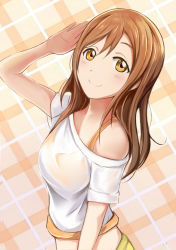 Rule 34 | 10s, 1girl, arm up, breasts, brown eyes, brown hair, commentary request, from above, kunikida hanamaru, long hair, looking at viewer, love live!, love live! school idol project, love live! sunshine!!, medium breasts, nannacy7, salute, shirt, smile, solo, upper body, white shirt