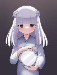 Rule 34 | 1girl, blunt bangs, closed mouth, commentary request, commission, flower, grey background, grey eyes, grey flower, grey hair, grey kimono, hair flower, hair ornament, holding, inuyasha, japanese clothes, kanna (inuyasha), kimono, long hair, long sleeves, looking at viewer, pixiv commission, simple background, solo, upper body, usagimiko