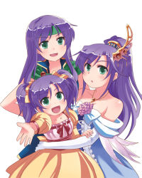 Rule 34 | 1990s (style), 3girls, age comparison, aqua eyes, bare shoulders, costume chart, dress, dual persona, elbow gloves, faris scherwiz, final fantasy, final fantasy v, gloves, hair ornament, headband, multiple girls, multiple persona, open mouth, outstretched arm, outstretched hand, ponytail, purple hair, reaching, retro artstyle, sarisa highwind tycoon, time paradox, twintails, udon (memai no kabe), aged down