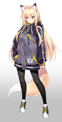 Rule 34 | 1girl, akizora momiji, animal ear fluff, animal ears, black pantyhose, blonde hair, blush, closed mouth, clothes writing, coat, commentary request, fox ears, fox girl, fox tail, gradient background, grey background, highres, long hair, long sleeves, looking at viewer, original, pantyhose, red eyes, shoes, simple background, smile, sneakers, solo, standing, tail