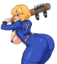 Rule 34 | 1girl, absurdres, ass, bad id, bad pixiv id, baseball bat, bent over, bikini, blonde hair, blue bodysuit, blue jumpsuit, bodysuit, breasts, cleanerjay, covered erect nipples, cowboy shot, curvy, fallout (series), fallout 4, from behind, hanging breasts, highres, holding, holding baseball bat, huge breasts, jumpsuit, long sleeves, looking at viewer, looking back, medium hair, micro bikini, mob face, open bodysuit, open clothes, open jumpsuit, open mouth, over shoulder, sideboob, simple background, skindentation, solid oval eyes, solo, swimsuit, unzipped, vault girl, vault suit, weapon, weapon over shoulder