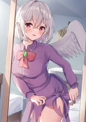 Rule 34 | 1girl, blush, bow, bowtie, braid, breasts, collared dress, cowboy shot, dress, feathered wings, grey hair, hair between eyes, highres, indoors, kishin sagume, long sleeves, medium breasts, mirror, mirror image, niko kusa, open mouth, purple dress, red bow, red bowtie, red eyes, short hair, single wing, solo, touhou, white wings, wings