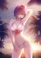 Rule 34 | 1girl, arm behind head, backlighting, bad id, bad pixiv id, bikini, black-framed eyewear, blurry, blurry background, bow, breasts, cleavage, collarbone, contrapposto, fate/grand order, fate (series), glasses, groin, hair over one eye, highres, large breasts, looking at viewer, mash kyrielight, mash kyrielight (swimsuit of perpetual summer), mouth hold, navel, necoring862, official alternate costume, outdoors, purple eyes, purple hair, red bow, short hair, solo, standing, swimsuit, untied bikini, white bikini
