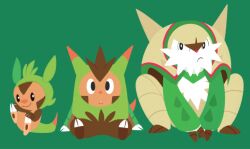 Rule 34 | black eyes, chesnaught, chespin, claws, creatures (company), ecokitti, evolutionary line, frown, full body, game freak, gen 6 pokemon, green background, looking at viewer, nintendo, no humans, pokemon, pokemon (creature), quilladin, shell, sitting, smile, spikes