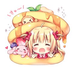Rule 34 | &gt; &lt;, 1girl, :3, :d, = =, ahoge, animal, blonde hair, blueberry, blush, bow, bowtie, chibi, commentary request, facing viewer, food, fruit, hair bow, heart, in food, leaf, long hair, lowres, open mouth, original, outstretched arms, pan (mimi), pancake, pancake stack, pink bow, pink bowtie, rabbit, red bow, red shirt, shirt, simple background, smile, solo, strawberry, syrup, ten-chan (pan (mimi)), two side up, white background