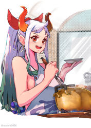 Rule 34 | 1girl, adapted costume, animal ears, aosora2823, apron, bare arms, bare shoulders, border, bow, breasts, contemporary, cooking, cooking pot, cropped torso, curled horns, green eyes, hair bow, hair ribbon, hands up, high ponytail, highres, holding, horns, indoors, kitchen, large breasts, long hair, looking at viewer, multicolored hair, one piece, oni, open mouth, orange eyes, orange horns, ribbon, sideboob, smile, solo, steam, twitter username, upper body, very long hair, white border, white hair, yamato (one piece)