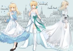 Rule 34 | absurdres, ahoge, apron, aqua bow, aqua eyes, artoria pendragon (all), artoria pendragon (fate), blue dress, bow, breasts, choker, cleavage, collarbone, dress, fate/stay night, fate (series), floating hair, frilled dress, frills, gloves, grey background, hair bow, high heels, highres, long dress, long hair, long sleeves, looking at viewer, nayu tundora, official alternate costume, pumps, saber (fate), saber (formal dress) (fate), saber alter, side slit, silver hair, sleeveless, sleeveless dress, small breasts, strapless, strapless dress, thighhighs, variations, white apron, white dress, white footwear, white gloves, white legwear, yellow eyes