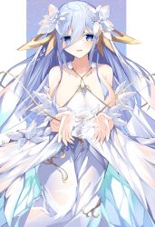 Rule 34 | absurdres, artist request, blue eyes, blue hair, breasts, date a live, dress, flower, highres, holding, large breasts, long hair, looking at viewer, open mouth, smile, solo, takamiya mio