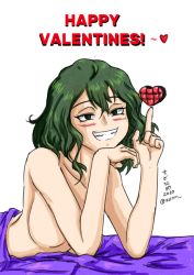 Rule 34 | 1girl, black eyes, blush, boku no hero academia, breasts, collarbone, commentary, english commentary, english text, green hair, grin, happy valentine, heart, highres, lying, nude, on stomach, pointing, pointing up, sharp teeth, smile, solo, sudoname, teeth, tokage setsuna, twitter username, under covers, white background
