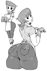 Rule 34 | 1girl, apron, ass, back, bad id, bad pixiv id, breasts, comparison, curvy, dexter&#039;s laboratory, dexter&#039;s mom, female focus, gloves, greyscale, highres, huge ass, large breasts, latex, latex gloves, looking at viewer, looking back, mature female, mom (dexter&#039;s laboratory), monochrome, multiple views, pants, plump, rubber gloves, simple background, skin tight, synecdoche, thick thighs, thighs, white background, wide hips