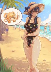 Rule 34 | 2girls, aihara mei, aihara yuzu, beach, black hair, blonde hair, blue sky, bow, breasts, citrus (saburouta), cleavage, cloud, collarbone, day, embarrassed, floral print, green eyes, hat, hat bow, highres, inset, large breasts, light blush, long hair, multiple girls, ocean, one-piece swimsuit, one eye closed, outdoors, palm tree, purple eyes, rock, scrunchie, shadow, sky, sunlight, swimsuit, thumbs up, tree, twintails, yogert egg