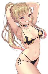 Rule 34 | 1girl, armpits, arms behind head, arms up, bikini, black bikini, black choker, blonde hair, blunt bangs, blush, breasts, breasts apart, choker, collarbone, commentary request, covered erect nipples, curvy, ear piercing, earrings, eyelashes, floral print, grin, highres, jewelry, jungki dr, kitagawa marin, korean commentary, lace, large breasts, lips, long hair, looking at viewer, midriff, navel, necklace, piercing, ponytail, red eyes, shiny skin, side-tie bikini bottom, sidelocks, simple background, skindentation, smile, solo, sono bisque doll wa koi wo suru, standing, stomach, swimsuit, thighs, very long hair, white background