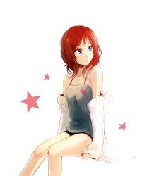 Rule 34 | 10s, 1girl, bare legs, bare shoulders, camisole, clothes down, invisible chair, kuma (bloodycolor), looking to the side, love live!, love live! school idol project, nishikino maki, purple eyes, red hair, sitting, solo, star (symbol), sweater