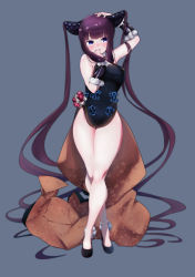 Rule 34 | 1girl, absurdres, arm up, bare shoulders, black dress, black footwear, blue background, blue eyes, blunt bangs, blush, breasts, china dress, chinese clothes, closed mouth, detached sleeves, dress, fate/grand order, fate (series), hair ornament, hand on own chin, hand on own head, harii (janib5kc), high heels, highres, large breasts, legs, long hair, looking to the side, purple hair, side slit, sidelocks, simple background, smile, solo, twintails, very long hair, yang guifei (fate), yang guifei (second ascension) (fate)