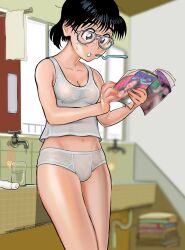 Rule 34 | 1futa, aviator eyewear, black hair, blue eyes, blurry, blurry background, book, book stack, breasts, briefs, bulge, cleavage, collarbone, commentary request, cup, drinking glass, faucet, feet out of frame, freckles, futanari, grey-framed eyewear, highres, holding, holding magazine, indoors, jimiko, looking down, magazine (object), male underwear, midriff, mouth hold, original, panties, pornography, reading, short hair, small breasts, solo, standing, tank top, thighs, tile wall, tiles, towel, underwear, uro (urouroo), white panties, white tank top, window