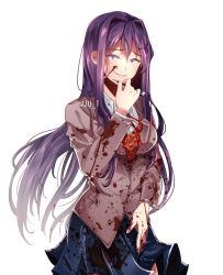 Rule 34 | 1girl, artist name, blood, blood on clothes, blood on face, blood splatter, blue skirt, constricted pupils, crazy eyes, crazy smile, doki doki literature club, grin, hair between eyes, hair ornament, hairclip, hazu t, highres, long hair, looking at viewer, pen, pleated skirt, purple eyes, purple hair, school uniform, simple background, skirt, smile, solo, very long hair, white background, yuri (doki doki literature club)