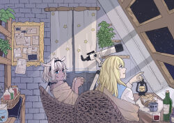 Rule 34 | 1boy, 1girl, alcohol, alternate costume, animal ears, bare shoulders, basket, black choker, black hairband, blanket, blonde hair, blue eyes, blue vest, bottle, bread, brick wall, bulletin board, caenis (fate), chair, choker, commentary, corked bottle, cup, curtains, dark-skinned female, dark skin, drinking glass, extra ears, fate/grand order, fate (series), fish, fishbowl, food, from side, hair between eyes, hair intakes, hairband, hand up, hands up, highres, holding, holding cup, horse ears, indoors, kirschtaria wodime, lantern, long hair, long sleeves, looking at another, looking up, mug, night, night sky, on chair, open mouth, parted lips, plant, pointing, ponytail, ponytail holder, potted plant, shirt, shot glass, sitting, sky, smile, star (sky), star (symbol), stargazing, symbol-only commentary, telescope, tsengyun, vest, white hair, white shirt, wicker furniture, window, wine, wine bottle