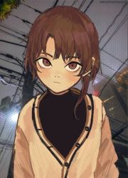 Rule 34 | 1girl, asymmetrical bangs, black shirt, brown eyes, brown hair, building, closed mouth, commentary, english commentary, expressionless, hair ornament, io (onisarashi), iwakura lain, long sleeves, looking at viewer, night, photo background, power lines, serial experiments lain, shirt, short hair, single sidelock, skyscraper, solo, sweater, upper body, x hair ornament