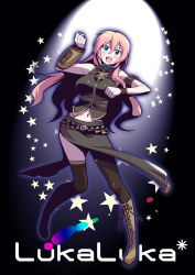 Rule 34 | 1girl, blue eyes, boots, caffein, clenched hand, clenched hands, highres, megurine luka, pink hair, solo, star (symbol), thighhighs, vocaloid