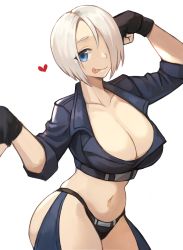 Rule 34 | 1girl, absurdres, angel (kof), black gloves, black panties, blue eyes, blue jacket, blue legwear, blush, breasts, cleavage, collarbone, cropped jacket, fingerless gloves, gloves, hair over one eye, heart, highres, jacket, large breasts, leather, leather jacket, looking at viewer, navel, panties, short hair, simple background, sleeves rolled up, smile, solo, sookmo, the king of fighters, thighs, tongue, tongue out, underwear, white background, white hair