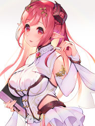 Rule 34 | 1girl, braid, breasts, detached sleeves, hasekura io, highres, horns, io (princess connect!), large breasts, long hair, looking at viewer, moguru, open mouth, pointy ears, princess connect!, red eyes, red hair, sleeveless, solo, very long hair