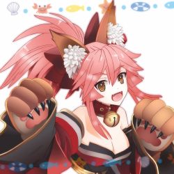 Rule 34 | 1girl, animal ear fluff, animal ears, animal hands, artist request, bell, breasts, cat paws, cleavage, collar, collarbone, commentary request, fangs, fate/grand order, fate (series), fox ears, fox girl, gloves, hair ribbon, highres, jingle bell, large breasts, long hair, looking at viewer, neck bell, paw gloves, pink hair, ponytail, red ribbon, ribbon, simple background, solo, tamamo (fate), tamamo cat (fate), tamamo cat (first ascension) (fate), white background, yellow eyes