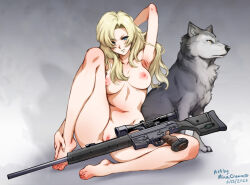 Rule 34 | 1girl, arm behind head, armpits, artist name, barefoot, blonde hair, blue eyes, blush, breasts, completely nude, dated, feet, green lips, gun, h&amp;k psg1, holding own foot, knee up, legs, long hair, long legs, looking at viewer, medium breasts, metal gear (series), metal gear solid, mina cream, nude, puffy nipples, pussy, rifle, signature, sniper rifle, sniper wolf, spread legs, toenails, toes, weapon, wolf