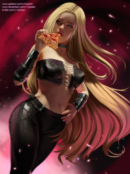 Rule 34 | 1girl, bare shoulders, blonde hair, blue eyes, bracelet, breasts, choker, cleavage, clothing cutout, devil may cry (series), eating, food, hand on own hip, holding, holding food, jewelry, leather, leather pants, long hair, medium breasts, navel, pants, pizza, solo, strapless, trish (devil may cry), tube top, v1mpaler, very long hair, watermark, web address