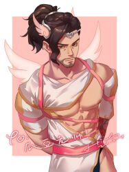 Rule 34 | 1boy, abs, bare pectorals, beard, bound, chinese commentary, chinese text, closed mouth, cupid, cupid hanzo, dated, expressionless, facial hair, green eyes, hanzo (overwatch), hido hany, highres, looking at viewer, male focus, muscular, muscular male, nipples, overwatch, overwatch 1, overwatch 2, pectorals, pink rope, ponytail, rope, serious, simple background, solo, upper body, wings