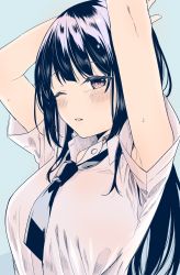 Rule 34 | 1girl, armpit peek, arms up, bare arms, black hair, black necktie, blue background, blush, breasts, buttons, collared shirt, commentary, eyelashes, half-closed eye, highres, large breasts, long hair, looking at viewer, loose necktie, necktie, one eye closed, open collar, original, parted lips, purple eyes, shirt, short necktie, short sleeves, simple background, solo, sweat, sweatdrop, symbol-only commentary, taut clothes, taut shirt, twitter username, upper body, white shirt, wing collar, yu yu