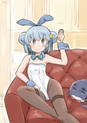 Rule 34 | 1girl, 1other, animal ears, bad id, bad pixiv id, blue hair, blue neckwear, bow, bowtie, brown pantyhose, commentary request, couch, detached collar, double bun, enjaku izuku, fake animal ears, hair bun, highres, kantai collection, leotard, little blue whale (kancolle), looking at viewer, pantyhose, playboy bunny, poker chip, rabbit ears, rabbit tail, samuel b. roberts (kancolle), short hair, smile, strapless, strapless leotard, tail, thighband pantyhose, whale, white leotard, wrist cuffs, yellow eyes