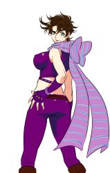 Rule 34 | 1girl, bad id, bad pixiv id, boots, bow, breasts, brown hair, covered erect nipples, crop top, fingerless gloves, genderswap, genderswap (mtf), gloves, green eyes, huge breasts, impossible clothes, impossible shirt, jojo no kimyou na bouken, joseph joestar, joseph joestar (young), large breasts, matcha cream v, midriff, pants, scarf, shirt, solo, tight clothes, tight pants, vldksltlah88