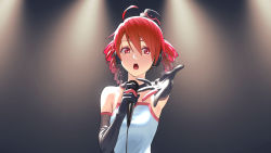 Rule 34 | 1girl, ahoge, backlighting, bare shoulders, black collar, black gloves, black hat, cable, collar, commentary, detached collar, dress, drill hair, elbow gloves, gloves, hat, headphones, holding, holding microphone, kasane teto, microphone, mini hat, music, open mouth, reaching, reaching towards viewer, red eyes, red hair, singing, solo, spotlight, strapless, twin drills, upper body, utau, white dress, yasutange