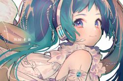 Rule 34 | 1girl, aqua hair, armlet, bare shoulders, beads, blue eyes, blue gemstone, closed mouth, dated, feathered wings, from side, gem, hair beads, hair ornament, hatsune miku, headset, highres, kouhara yuyu, long hair, looking at viewer, looking to the side, portrait, sleeveless, smile, solo, twintails, vocaloid, white wings, wings