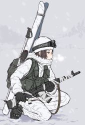 Rule 34 | 1girl, ak-74m, assault rifle, backpack, bag, beanie, black footwear, black gloves, blue eyes, brown hair, camouflage, camouflage jacket, camouflage pants, commentary request, from side, gloves, goggles, goggles on head, gun, half-closed eyes, hat, highres, holding, holding gun, holding weapon, jacket, kalashnikov rifle, kneeling, long sleeves, on one knee, original, outdoors, pants, rifle, short hair, skis, snow, snowing, solo, tactical clothes, tozaumo, weapon, weapon request, white background, white hat