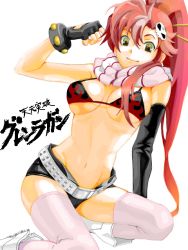 Rule 34 | 00s, 1girl, belt, bikini, bikini top only, boots, breasts, chopsticks, cleavage, elbow gloves, female focus, fingerless gloves, gloves, hair ornament, high ponytail, large breasts, long hair, navel, pink thighhighs, ponytail, red hair, scarf, short shorts, shorts, skull, smile, solo, striped clothes, striped scarf, studded belt, swimsuit, tegaki, tengen toppa gurren lagann, thighhighs, underboob, white background, yellow eyes, yoko littner