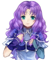 Rule 34 | 1girl, armor, asymmetrical sleeves, blue dress, bracelet, breastplate, closed mouth, detached sleeves, dress, fingernails, fire emblem, fire emblem: the blazing blade, florina (fire emblem), green eyes, hair tubes, head tilt, jewelry, jurge, long hair, long sleeves, nail polish, nintendo, parted bangs, pauldrons, purple hair, purple nails, shoulder armor, simple background, sleeves past wrists, smile, solo, uneven sleeves, upper body, white background
