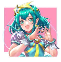 Rule 34 | 1girl, :d, absurdres, aqua choker, aqua eyes, aqua hair, blush, border, collarbone, cure milky, floating hair, hair ornament, hairband, heart, heart hands, highres, long hair, looking at viewer, open mouth, pink background, pointy ears, precure, sakana sakanama, see-through, see-through sleeves, short sleeves, smile, solo, star-shaped pupils, star (symbol), star hair ornament, star twinkle precure, symbol-shaped pupils, upper body, white border, wrist cuffs, yellow hairband