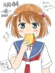 Rule 34 | 1girl, arm at side, artist name, blue sailor collar, blush, blush stickers, brown hair, character name, close-up, closed mouth, commentary, copyright name, dress shirt, eating, flat chest, food, green eyes, hair bobbles, hair ornament, hand up, holding, holding food, kataoka yuuki, lettuce, light smile, looking at viewer, momoneko312, neckerchief, portrait, red neckerchief, sailor collar, saki (manga), school uniform, serafuku, shirt, short hair, short sleeves, signature, simple background, smile, solo, speech bubble, straight-on, taco, tomato, translated, two side up, upper body, white background, white shirt