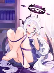 1girl ahoge barefoot bed black_halo blue_archive blush book box breasts closed_mouth commentary_request curtains demon_girl demon_horns demon_wings dress hair_between_eyes halo highres hina_(blue_archive) horns indoors long_hair looking_at_viewer no_panties on_bed purple_dress purple_eyes rei_(rei&#039;s_room) sitting solo stuffed_toy white_hair wings