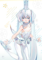 Rule 34 | 1girl, absurdres, angel, angel wings, ankle wings, bare shoulders, blush, crown, detached collar, detached sleeves, dress, english text, feathered wings, flat chest, foot out of frame, hair ornament, high heels, highres, kaede (shijie heping), leg up, leg wings, long hair, looking at viewer, nipple slip, nipples, original, pantyhose, parted lips, sidelocks, sleeveless, sleeveless dress, smile, solo, twintails, very long hair, white eyes, white hair, white pantyhose, white wings, wings
