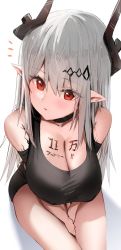 Rule 34 | 1girl, alternate costume, arknights, bare shoulders, between legs, black dress, blush, body writing, breasts, chocolate, chocolate on body, chocolate on breasts, cleavage, closed mouth, collar, collarbone, dress, female focus, food on body, from above, grey hair, hair ornament, hand between legs, highres, horn/wood, horns, infection monitor (arknights), large breasts, long hair, looking at viewer, looking up, material growth, mudrock (arknights), oripathy lesion (arknights), pointy ears, red eyes, solo, very long hair