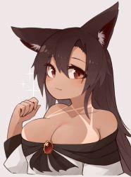 Rule 34 | 1girl, animal ear fluff, animal ears, bare shoulders, breasts, brooch, brown hair, cleavage, closed mouth, collarbone, cropped torso, dress, fang, fang out, gem, grey background, hair between eyes, highres, imaizumi kagerou, jewelry, kaginoni, large breasts, long hair, long sleeves, looking at viewer, off-shoulder dress, off shoulder, red eyes, red gemstone, simple background, smile, solo, sparkle, tan, tanline, touhou, upper body, white background, white dress, wolf ears