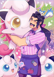 Rule 34 | 1boy, :d, apron, arm hair, black hair, character print, closed eyes, collared shirt, commentary request, creatures (company), game freak, gen 1 pokemon, gen 4 pokemon, happy, heart, highres, holding, holding pokemon, jigglypuff, long hair, male focus, mikku (micpbwpicture), nintendo, open mouth, pachirisu, pants, pink shirt, pokemon, pokemon (creature), pokemon sv, purple apron, purple pants, saguaro (pokemon), scream tail, shirt, smile, striped clothes, striped shirt, teeth, thick eyebrows, tongue, upper teeth only, vertical-striped clothes, vertical-striped shirt, waist apron